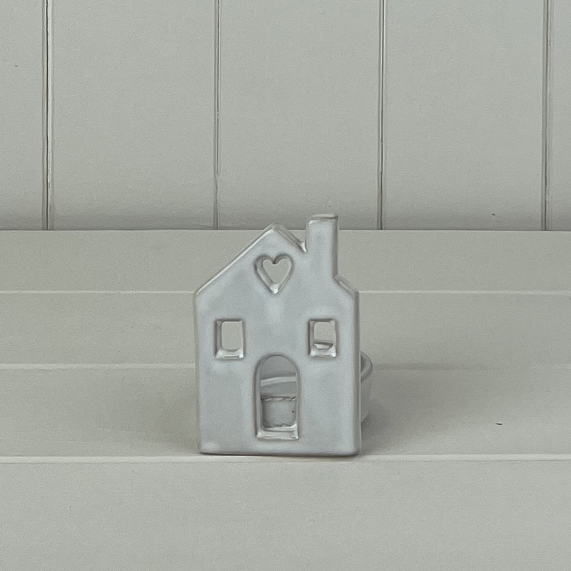 White Ceramic House Tealight Holder with Heart Detail detail page